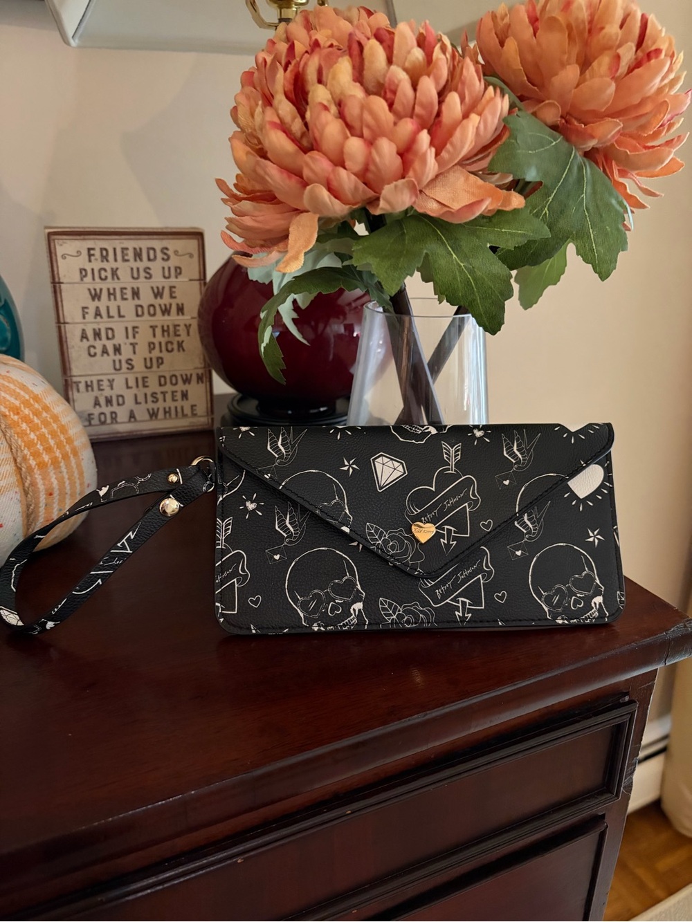 Betsey Johnson Skull tattoo print envelope wristlet wallet
